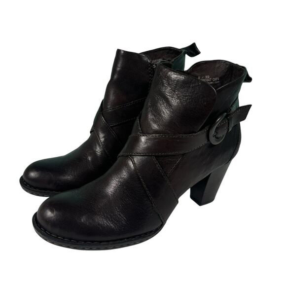 Born Shola Dark Brown Leather Heeled Ankle Boots Womens Size 8 Buckle Strap - Picture 2 of 11